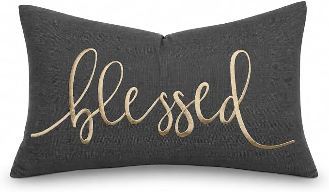 EURASIA DECOR Blessed Embroidered Lumbar Pillow Cover 12x20, Dark Grey | Raised muted gold script on dark grey; scripture faith gift, hidden zip, solid back, cover only