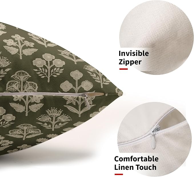 Olive Green Pillow Covers 12x20 Inch Set of 2, Cream Floral Block Print Pattern Lumbar Decorative Throw Pillowcases Outdoor Farmhouse Rectangle Cushion Covers Spring Summer Sofa Couch Bed Decor