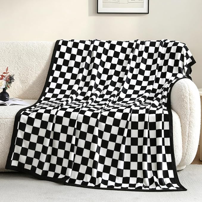 PU MEI Checkered Flannel Throw Blanket, Classic Black and White Checkerboard Decorative Blanket, Lightweight Warm Ideal for Couch and Bed, 80x90 Inches