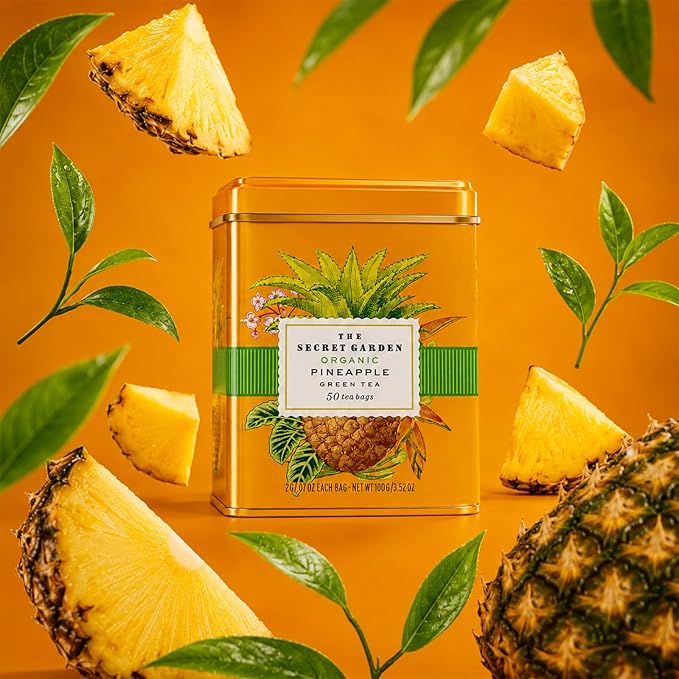Life Plus Style Gourmet The Secret Garden Organic Pineapple Green Tea Premium Naturally Caffeinated Tropical Fruit Daily USDA Certified Green Tea Non GMO Herbal 50 Tea Bags Gift Tin Enjoy Hot or Iced