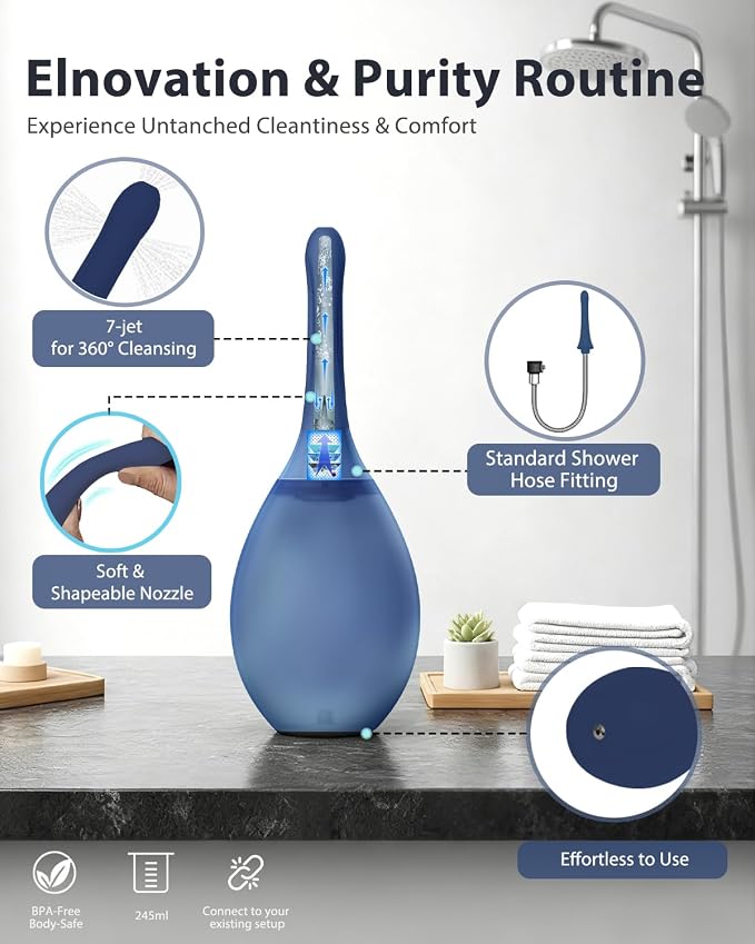 Enema Douche Anti Back-Flow, Amal Douche Connected to Shower Hole,Enema Bulb with 7 Spouts, Reusable Portable Enima Vaginal Cleaner kit for Men Women (Dark Blue)