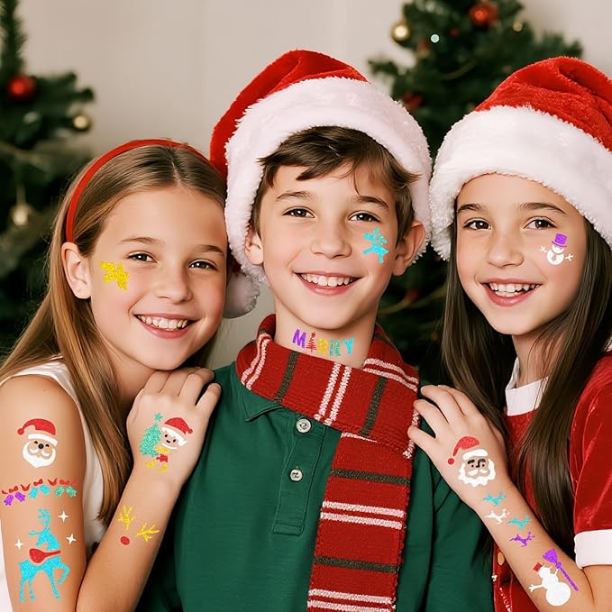 Christmas Temporary Tattoo Markers for Skin, 8 Metal Body Markers + 229 Temporary Tattoo Stencils for Kids Adult, Flexible Brush Tip, Bright Colors, Cosmetic-Grade Tattoo Ink for Girl Boy Party Favor