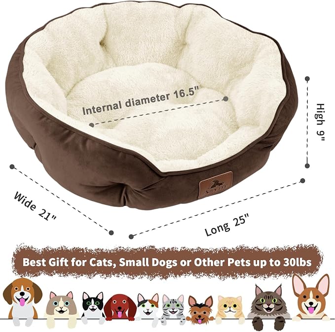 Medium Dog Bed for Medium Dogs, Cat Beds for Indoor Cats, Pet Bed for Puppy and Kitty, Extra Soft & Machine Washable with Anti-Slip & Water-Resistant Oxford Bottom, Brown, 25 inches