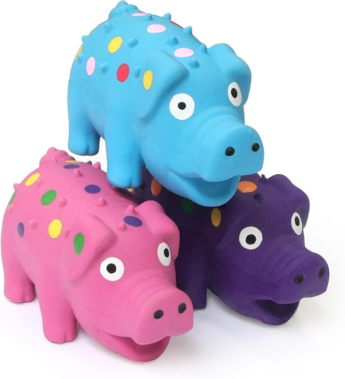 Squeaky Pig Dog Toys 3-Pack, Interactive Latex Piggy Chew Toys Set with Squeak Sounds for Teething Puppy, Small, Medium Dogs (Blue+Pink+Purple)