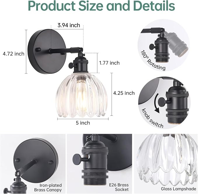Shenmoyl Vintage Wall Sconce with Transparent Tulip Glass Lampshade 180 Degree Adjustable Black Sconce Hradwired Modern Wall Lighting Fixture with Switch for Bedside Bedroom Doorway