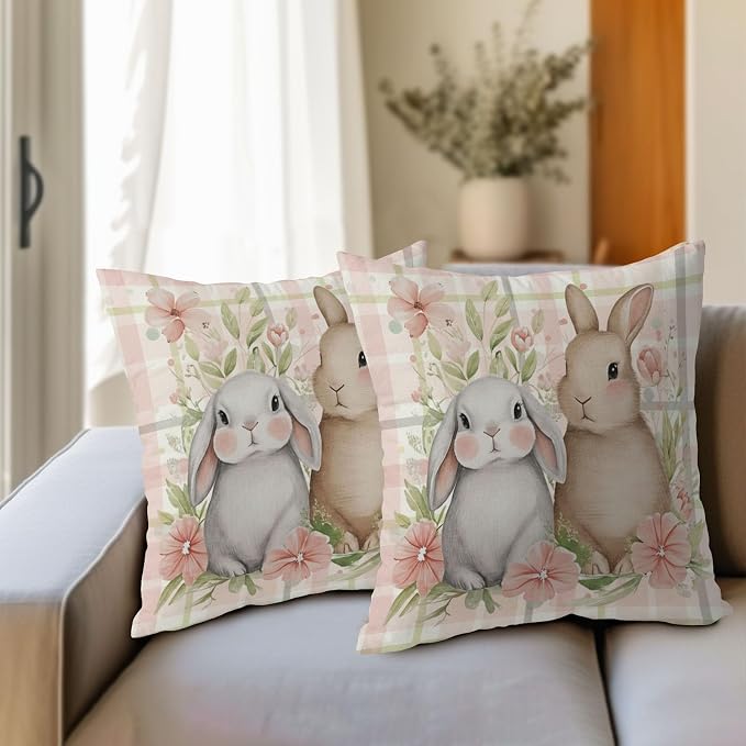 Easter Bunny Pillow Covers 16x16 Inch Spring Rabbit Floral Decorative Pillow Cases Pink Plaid Throw Pillows Set of 2 Seasonal Modern Farmhouse Home Decor for Sofa Couch Outdoor