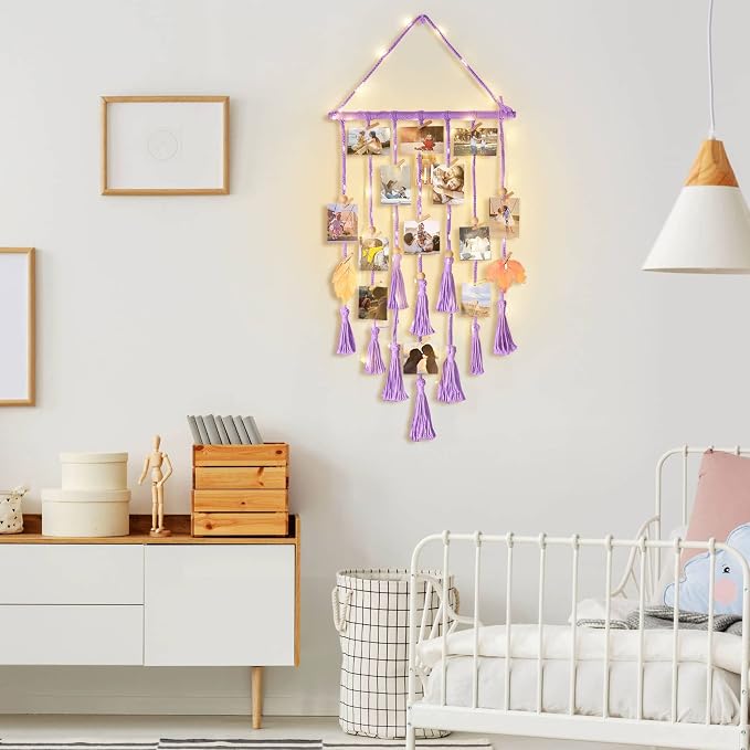 Hanging Photo Display Wall Decor, Purple Macrame Hanging Boho Room Bedroom Decor, Picture Frame Collage with Light 30 Clips, Christmas Teenage Teen Girl Gifts Ages 10 11 12 13 14 Years Old