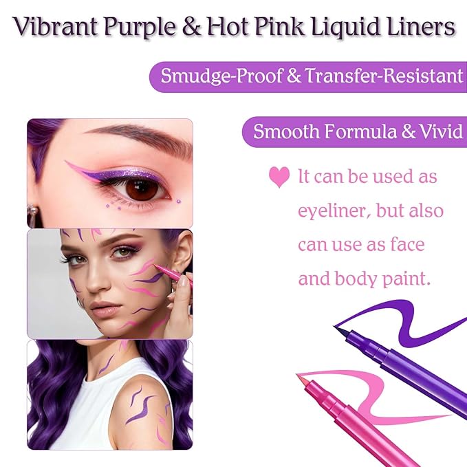 Mysense Cosplay Makeup Set with 6 PCS Purple Hair Extensions, 22-Inch Clip-ins, Purple and Hot Pink Eyeliner, Temporary Tattoo Markers, Rave Accessories for Music Festivals, Stage&Costume Parties