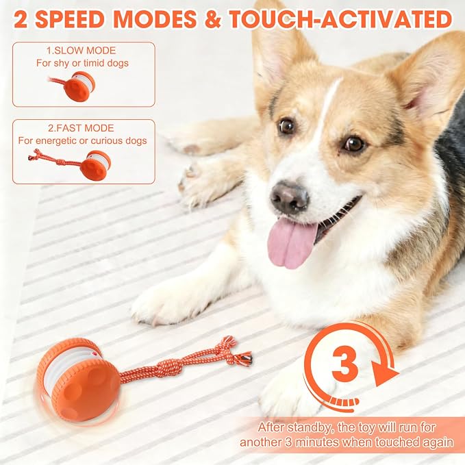 Interactive Dog Toy,Random Path Automatic Electric Rolling Toy with Rope,Motion-Activated Dog Stimulation Toy for Chewing and Playing,Boredom Relief,for Small Medium Large Dogs (Orange)
