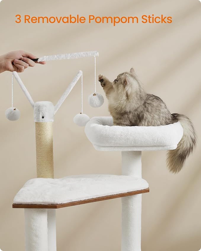 Feandrea Cat Tree with Litter Box Enclosure, 59-Inch Modern Cat Tower | 2-In-1 Condo with Scratching Posts, Washable Removable Cushion, Rustic White and Honey Brown UPCT113W201
