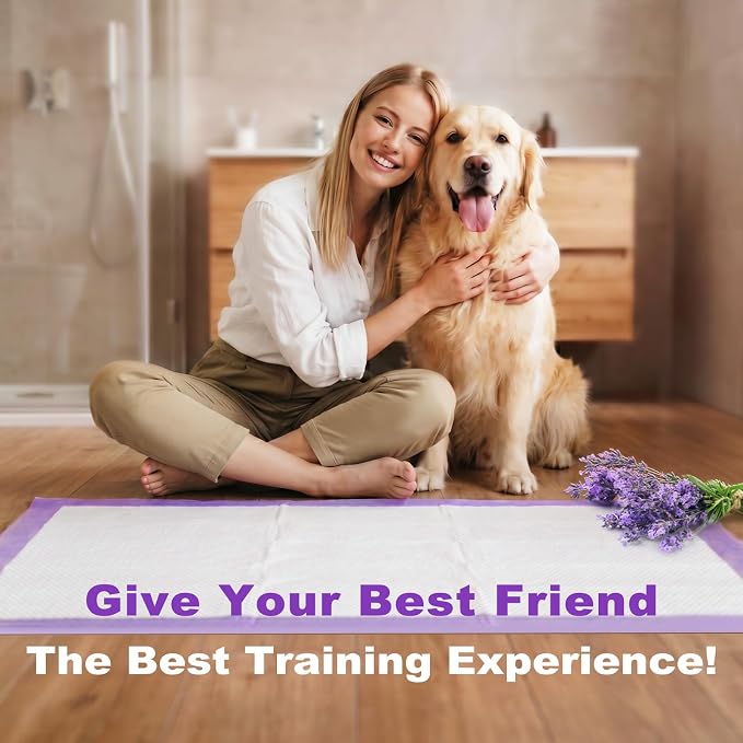 MIZOK Dog Pee Pads Wee Wee Pads Lavender Odor Control X-Large 28x34in 40Ct | Purple Doggy Pads with Sticky Adhesive Tabs Bring Soothing Comfort to Your Home for Medium to Large Breed Puppies