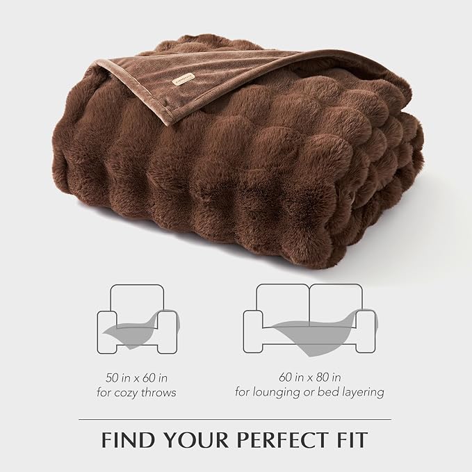 Faux Rabbit Fur Bubble Throw Blanket, 60"x80", Chestnut | Ultra Soft, Luxury Faux Rabbit Fur Throw, Thick Warm Bubble Blanket, Cozy Fluffy Reversible, for Bed, Couch, Chair, Sofa