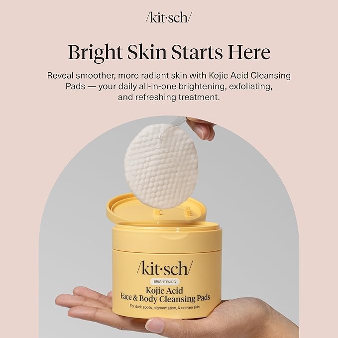 Kitsch Kojic Acid Cleansing Pads with Turmeric & Cica to Smooth, Refresh & Even Tone Skin Care – Exfoliating & Brightening Pre-Soaked Cotton Pads for Face and Body – 50 count
