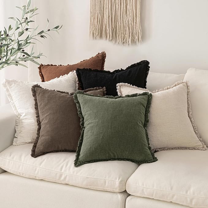MIULEE Linen Fringe Decorative Fall Pillow Covers Chocolate Brown 18x18 | Set of 2, Cottagecore Decor, Boho Farmhouse Neutral Pillow Covers, Rustic Fall Couch Cushion Cases for Sofa Bed Living Room