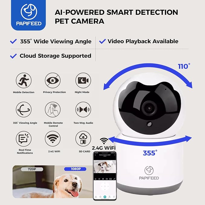 PAPIFEED 2-in-1 Automatic Cat Feeder and Pet Camera Combo, 1080P HD & 360°Pan-Tilt, 3L Cat Food Dispenser with App, 2.4G WiFi Timed Cat Feeder for Dry Food, Automatic Cat Feeder with Camera