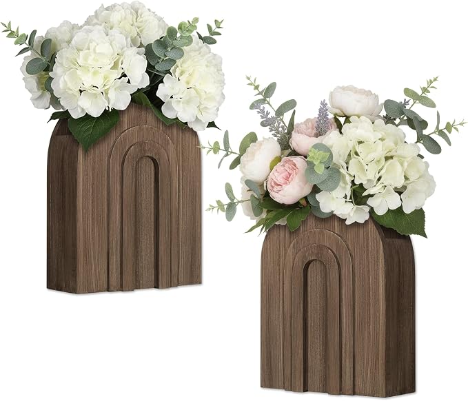 2 Pack Natural Wooden Wall Vase for Pampas Grass, Rustic Wall Decor | Wooden wall vase set for faux greenery and eucalyptus; rustic farmhouse wall decor for bathroom, hallway or entryway