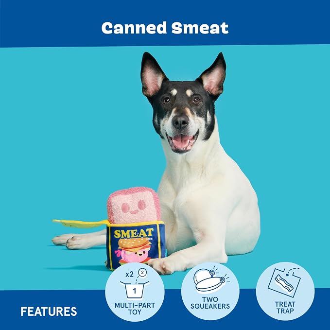 BarkBox Canned Smeat Dog Toy - 2-in-1 - Toy for Extra Small to Small Dogs | Plush Set with 2 Squeakers & Crinkle | Multi-Part Squeak