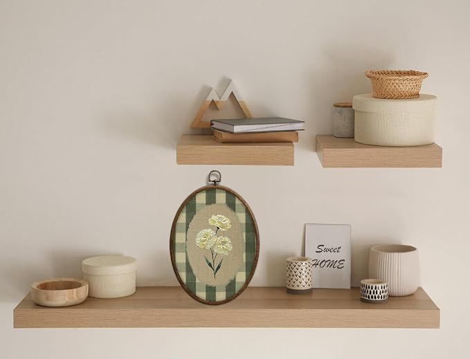 Flower Oval Wall Art, Green Gingham Oval Cottage wall Decor, Retro Botanical Grandma Cottage Core Home Decor for Western Farmhouse Bedroom Living Room, Home Retro Decor Products, 7x10 Inches, 15