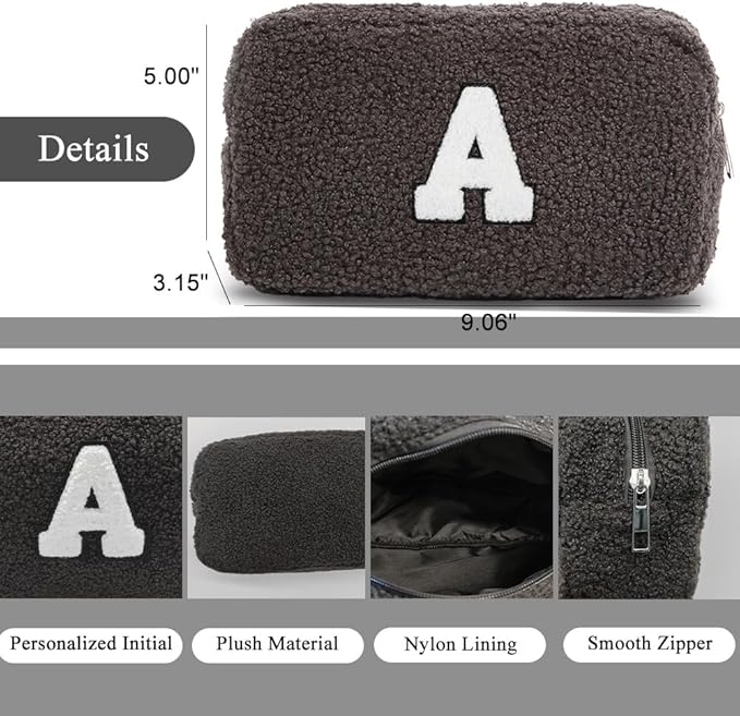 Cute Makeup Bag, Initial Cosmetic Bag, Fuzzy Makeup Bags for Women, Beauty Pouch with Chenille Letter, Personalized Cosmetic Pouch for Travel, Dark Grey V
