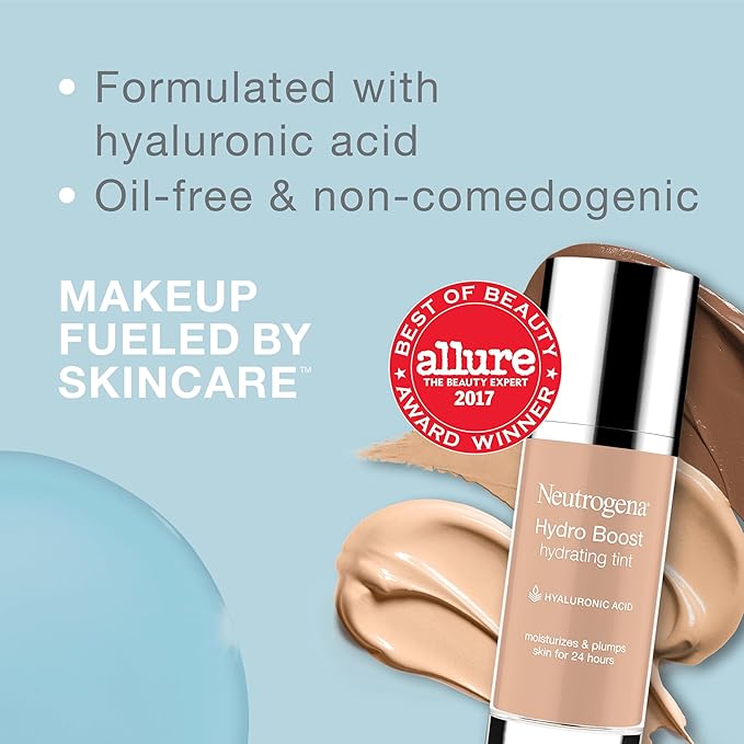 Neutrogena Hydro Boost Hydrating Tint Foundation Makeup for Dry Skin, with Hyaluronic Acid, Lightweight Oil-Free Water Gel, Non-Comedogenic, 50 Soft Beige, 1.0 fl. oz