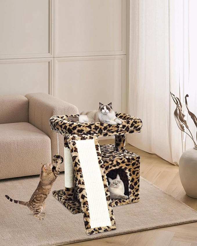 Small Leopard Print Cat Tree for Indoor Cats | Short Tower with Scratching Post, Ramp Pad, Condo with Perch Bed, Kittens Play House, Hanging Plush Ball & Cave for Resting (Leopard Print)