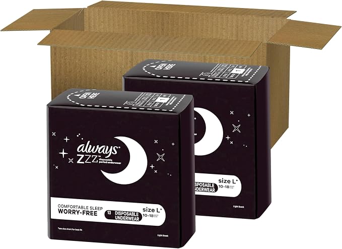Always ZZZs Disposable Period Underwear, Size L, Absorbs 5X More Than an Ultra Thin Overnight Pad, Comfortable Sleep Worry-Free Nights 26 Count