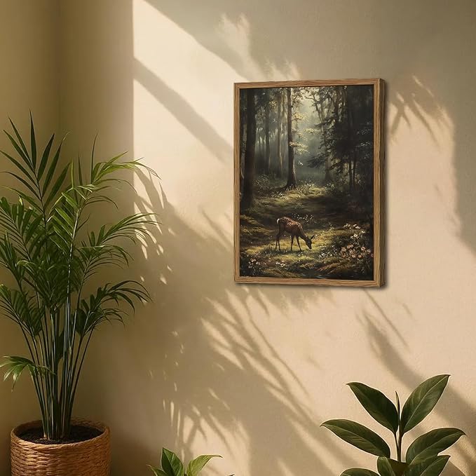 Framed Vintage Forest Deer Canvas Wall Art, Rustic Nature Landscape Paintings Wall Decor, Woodland Animal Pictures Prints Cottagecore Home Decor for Living Room Bedroom Office 12x16 inch