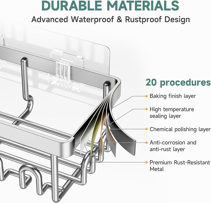 Veken Shower Caddy 6-Pack, Advanced Rustproof Design, No Drilling Adhesive Shelves, Rack with Soap Holder, Large Capacity Bathroom Organizers and Storage, Wall-Mounted Kitchen & Home Decor, Silver