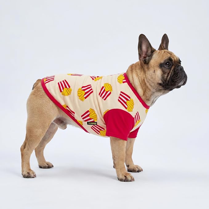Fitwarm 2 Pack Hot Dogs & French Fries Dog Shirt, Funny Summer Clothes for Small Dogs Boy Girl, Cozy Pet Outfit, Beige, Blue, Small