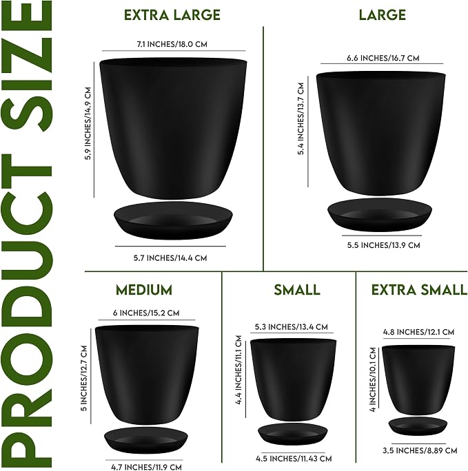 Plant Pots Indoor with Drainage, 5 Pack Multi-Size Planters Set, Black | Drainage holes included Multiple sizes 7/6.6/6/5.3/4.8 In Indoor plants and flowers Durable plastic construction
