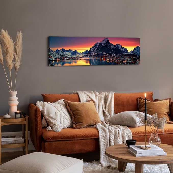 AREBOLO Sunset Mountain Canvas Wall Art Lake Landscape Pictures Nature Wall Decor Snowy Mountains Painting Sunrise Village Scenery Poster Prints Artwork for Living Room Office Home Decorations 14x48”