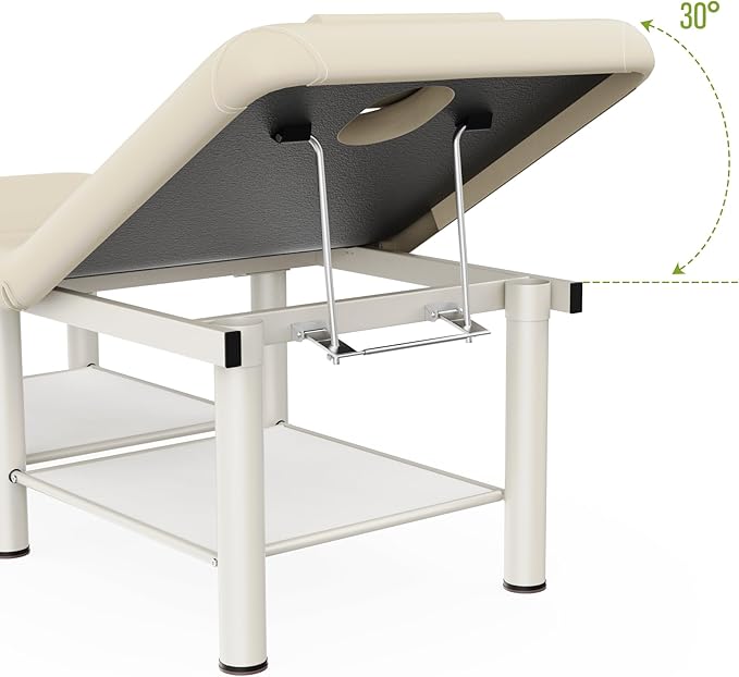 Folding Stationary Massage Table with Backrest and Storage Space for Treatment Table Physical Therapy Table Spa Facial Bed, 6 Round Legs Metal Frame PU Leather, 30.5'' Wide × 75'' Long - Beige Gray