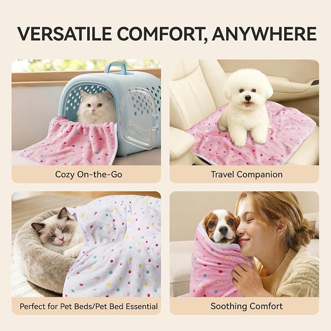 LINENLUX Dog Blankets 3-Pack, Super Soft Fluffy Fleece Pet Throw Warm | Premium flannel fleece pet throw for cats, puppies. Cozy warm for bed, crate, or couch naps; Polka Dot-3pcs 31x20 inch