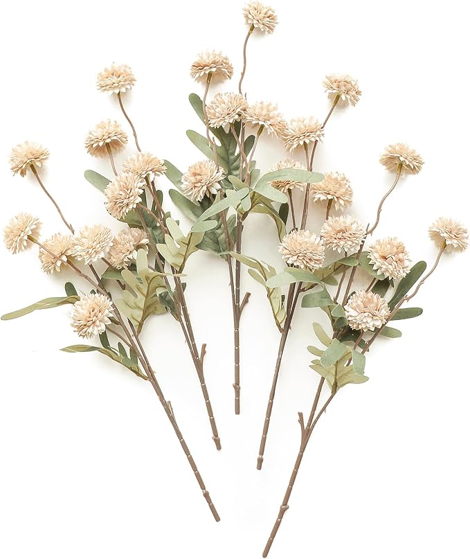 5pcs Beige Faux Silk Mums Artificial Flowers, Bulk Fake Small Mini Chrysanthemums with Stems for DIY Champagne Wedding Centerpieces Floral Arrangements Vase Fillers Home Decorations