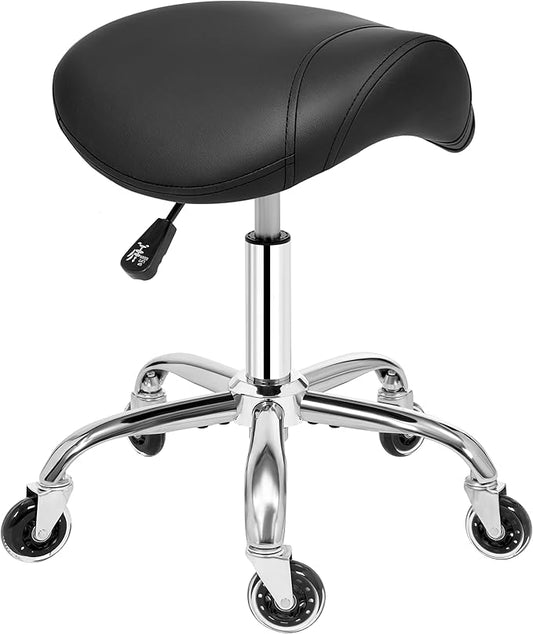 ANWBROAD Saddle Stool with Wheels Ergonomic Swivel Adjustable Rolling Stool with PU Leather Thick Wide Saddle Seat Padding Comfortable Rolling Saddle Chair for Salon Massage Clinic Black UWSS001B