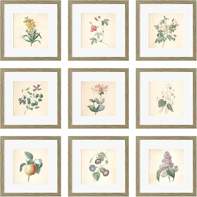 12x12 Picture Frame Set of 9, Display Pictures 8x8 with Mat or 12x12 without Mat, Multi Collage Gallery Square Photo Frames for Wall or Tabletop, Rustic Brown