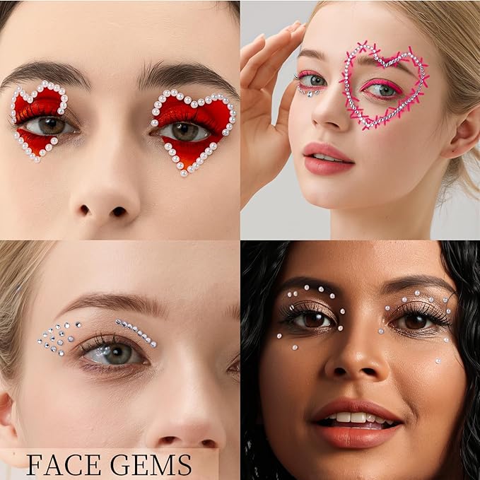 Teenitor Self Adhesive Face Gems For Women, Face Jewels and Pearls for Makeup, Face Rhinestone Hair Gem Stickers for Face, Eye, Hair, Body, Nail
