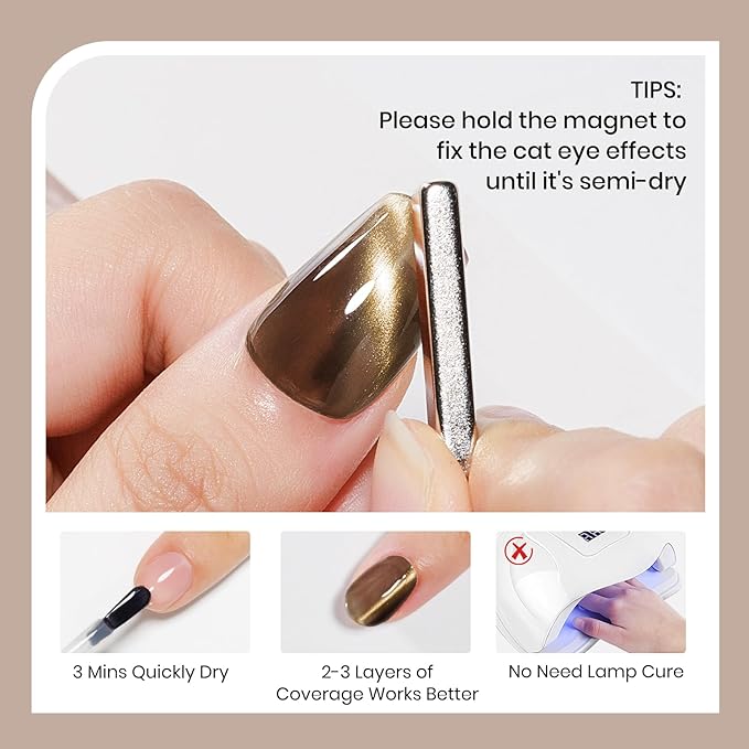 Brown Cat Eye Nail Polish Non Gel, Quick Dry Magnetic Nail Polish with Magnet Cateye Fingernail Lacquer Air Fast Drying Manicure Gift For Women Girls 16ml/0.54 oz