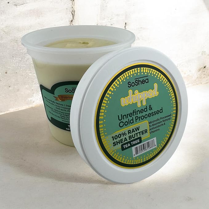 SoShe Whipped Raw Shea Butter - Tea Tree |100% Pure, Unrefined African Shea Butter & Tera Tree Oil | Cold-Pressed & Processed -Rich Natural For Dry & Sensitive Skin, Face & Hair | Vegan | 11.50 oz