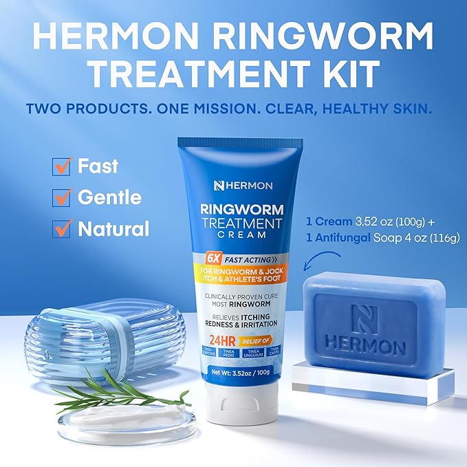 Hermon Ringworm Treatment Anti-fungal Kit - RingWorm Treatment for Humans 3.52 oz cream 4 oz soap bar for Ringworm, Athlete's Foot, Jock Itch, Eczema, Tinea - for Adults and Kids