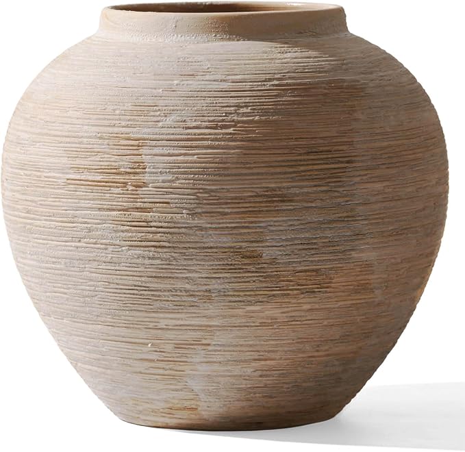 Rustic Ceramic Vintage Farmhouse Vase for Decor (Large Ribbed Beige) | Textured Vase Home Decor, 8.8 in Decorative Terracotta Round Bowl vase for Living Room, Table, Shelf, Kichen Décor