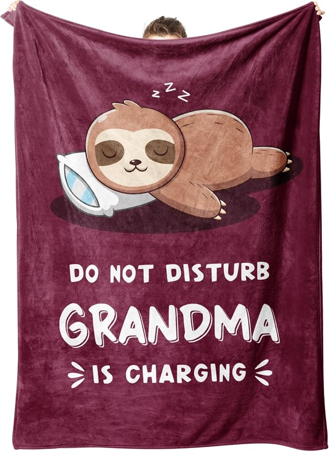 Leebbsin Funny Gifts for Grandma, Grandma Birthday Gift from Grandkids | Grandma is Charging Sloth Blanket 60" x 50" Burgundy, Grandmas Gift for Christmas Mothers Day, Soft Sloth Blanket for Grandma