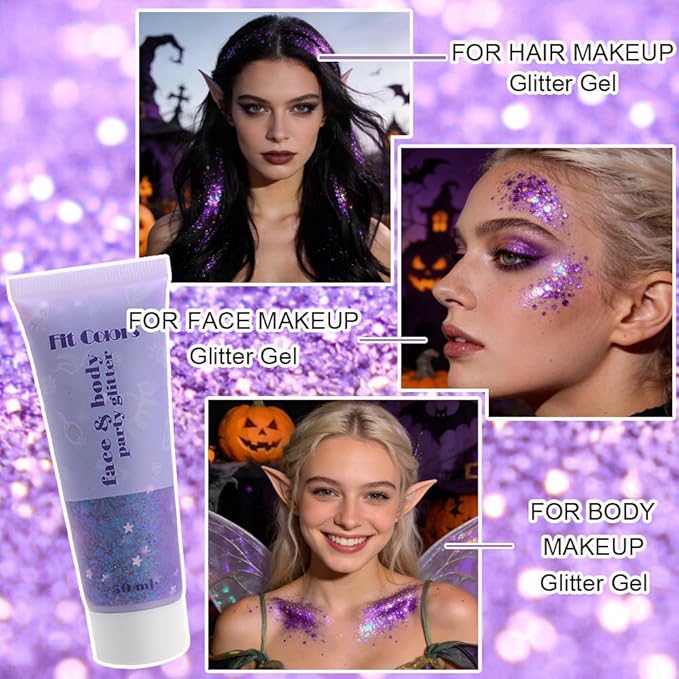 Purple Face Body Hair Glitter Gel for Women and Kids, Monochrome Holographic Mermaid Sequins Chunky Glitter Paint Makeup for Mardi Gras Halloween Festival Rave Outfits Accessories, 1.7oz, #12