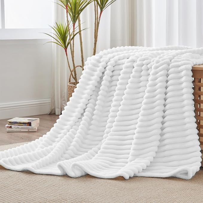 BEDELITE Striped Fleece Throw Blanket, Bright White, 50"x60" | 300GSM Microfiber Fleece, Soft Cozy, Lightweight Warm, Double-Sided Plush, Machine Washable, Gift, Room Decor, for Couch Sofa