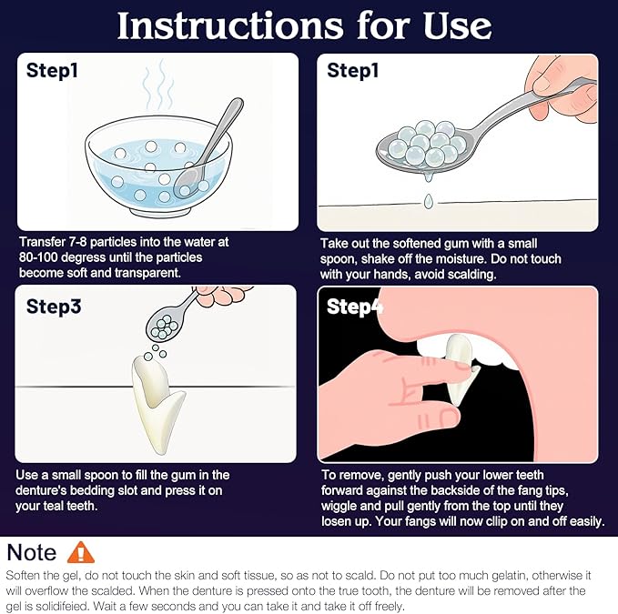 4 Pairs Vampire Teeth Fangs, 4 Sizes Halloween Vampire Fake Fangs with 2 Packs of Tooth Solid Adhesive for Cosplay Props Halloween Party Accessories Masquerade Dress up Favors