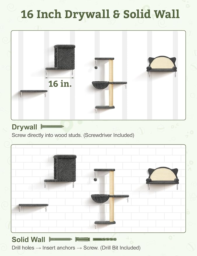 5-in-1 Cat Wall Shelves, Solid Wood Cat Wall Furniture Set for Indoor Cats | 44 lb per Shelf, 72-Hour Load Tested, Pre-Drilled, Fits 16 in. Stud Drywall & Solid Walls, for Small to Medium Cats