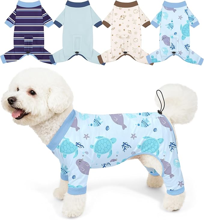 Bienbee Dog Pajamas, 4 Pack Adjustable Onesies for Small to Large Dogs M | Dog Shedding Suit with Soft Fabric, Breathable & Stretchy, and Adjustable Back Length for Sleeping Lounging and Daily Use