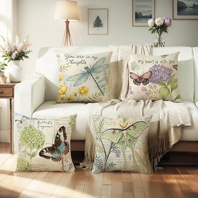 wyooxoo Throw Pillow Covers 16x16 Set of 4 Spring Summer Pillow Covers Linen Flower Butterfly Farmhouse Pillowcases for Sofa Couch Living Room Outdoor