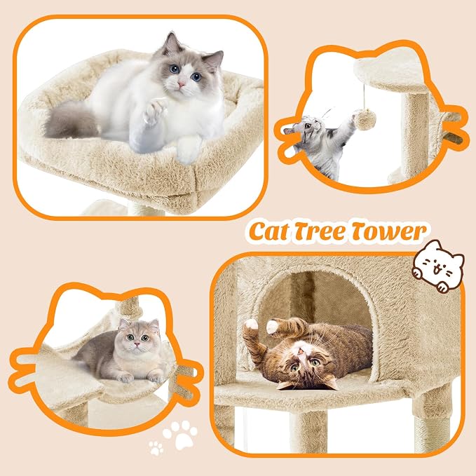 Sweetcrispy 44 Inch Cat Tree Tower for Indoor Cats and Kittens | Multi Level Cat Climbing Tower with Natural Sisal Scratching Posts, Hammock, Pet Condo, Beige