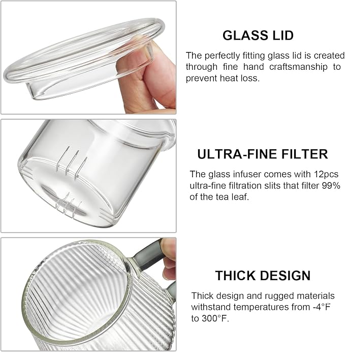 Lezero Tea Infuser Cup with Filter and Lids, Borosilicate Glass Mugs with Strainer for Blooming & Loose Leaf, Lead-free, Microwave & Dishwasher Safe, 14oz